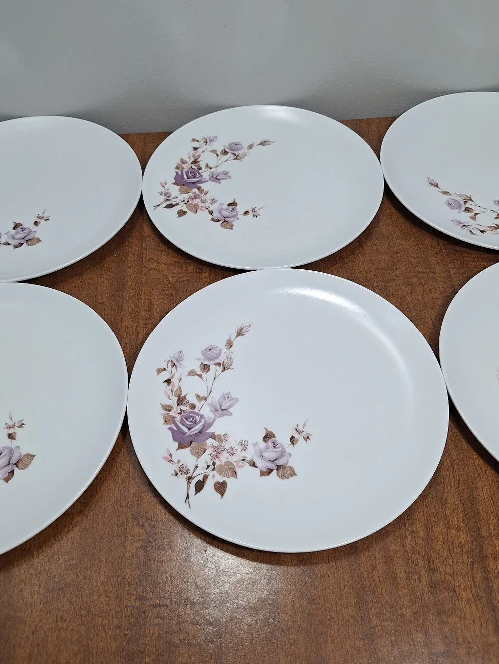 Vtg Set Of 6 Park Avenue Melmac 10 In Dinner Plates Atomic Lavendar Roses Floral